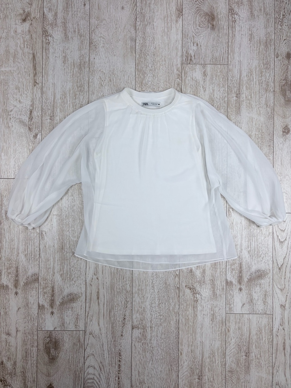 Zara S White Sheer Puff-Sleeve Blouse